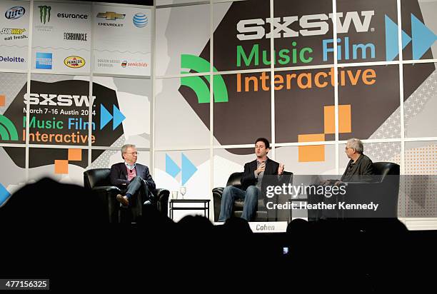 Executive Chairman of Google Eric Schmidt, Director of Google Ideas Jared Cohen and journalist Steven Levy speak onstage at "The New Digital Age"...