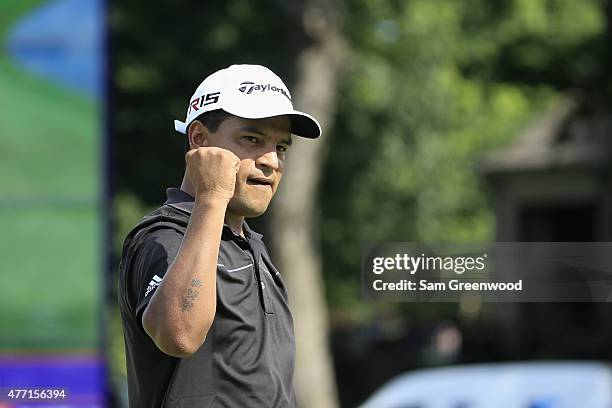Fabian Gomez of Argentina celebrates after a birdie putt on the 18th hole to win the FedEx St. Jude Classic at TPC Southwind on June 14, 2015 in...