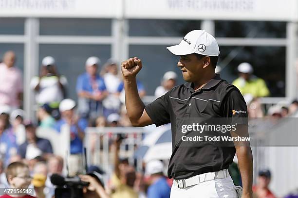 Fabian Gomez of Argentina celebrates after a birdie putt on the 18th hole to win the FedEx St. Jude Classic at TPC Southwind on June 14, 2015 in...