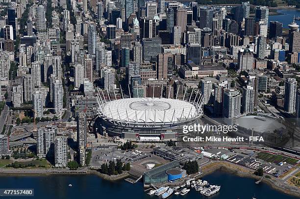 Aerial view of Downtown Vancouver and BC Place Stadium on June 14, 2015 in Vancouver, Canada.