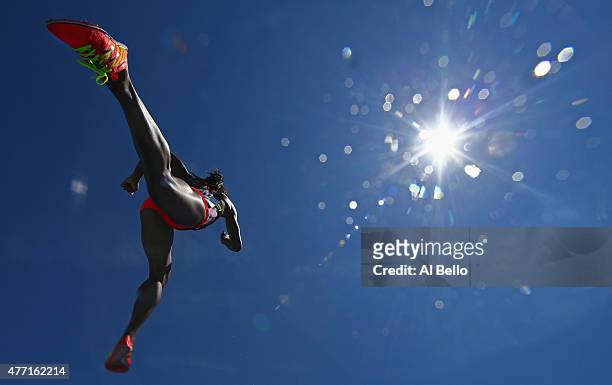 Rolanda Bell of Panama leaps over the water jump during the Women's 3000m Steeplechase at the Adidas Grand Prix at Icahn Stadium on Randalls Island...