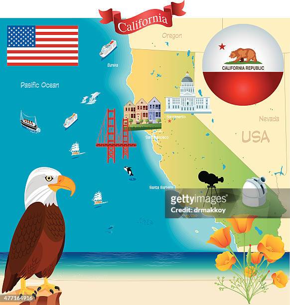 cartoon map of california - beach la stock illustrations
