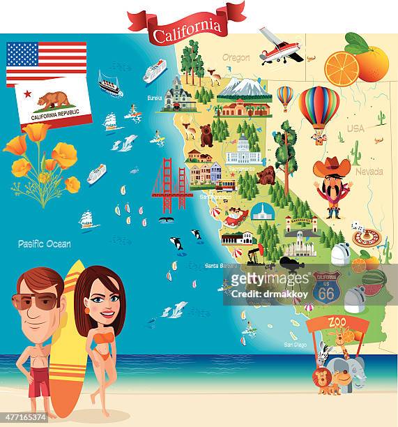 cartoon map of california - hollywood california stock illustrations