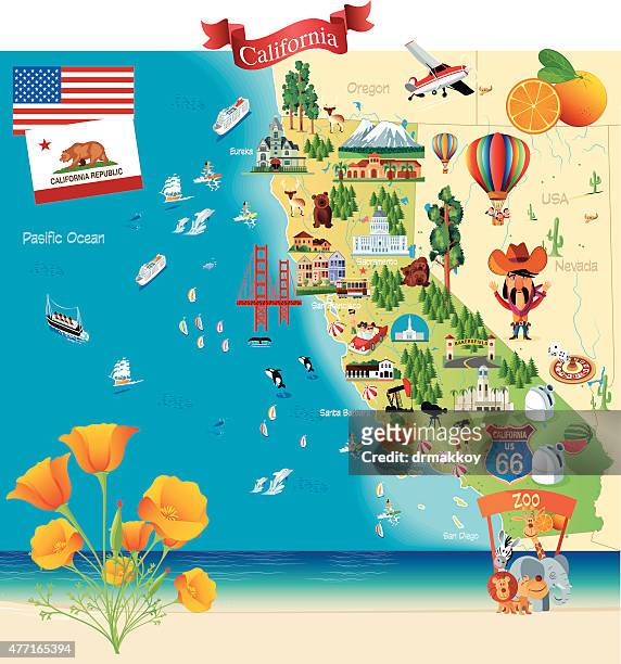 stockillustraties, clipart, cartoons en iconen met cartoon map of california - california flag