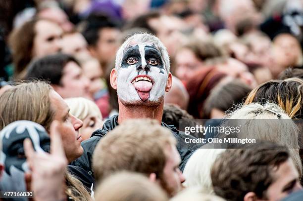 Kiss fans wearing the bands trademark style of facepaint during the last day at Download Festival 2015 ahead of the bands headline performance at...