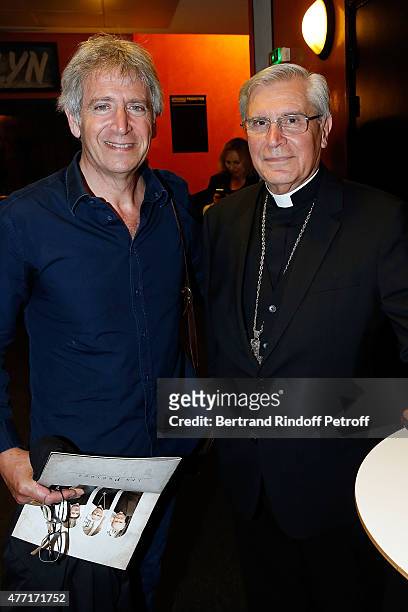 Singer Yves Duteil and Monseigneur Jean-Michel di Falco Leandri attend the Farewell Concert of 'les Pretres' at L'Olympia on June 14, 2015 in Paris,...