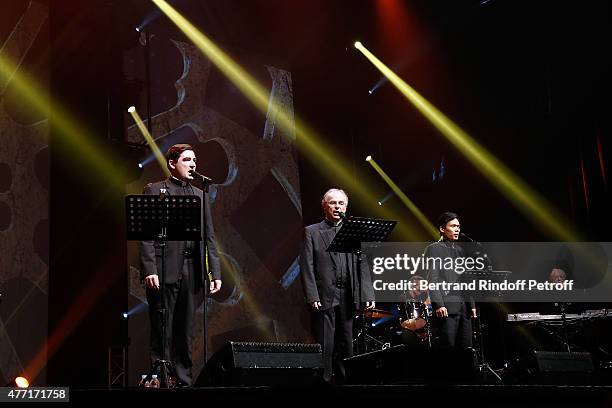 Pere Charles Troesch, Pere Jean-Michel Bardet and Joseph Dinh Nguyen Nguyen Perform during the Farewell Concert of 'les Pretres' at L'Olympia on June...