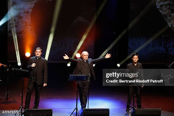 Pere Charles Troesch, Pere Jean-Michel Bardet and Joseph Dinh Nguyen Nguyen Perform during the Farewell Concert of 'les Pretres' at L'Olympia on June...