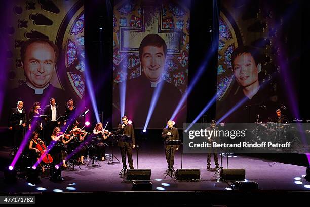 Pere Charles Troesch, Pere Jean-Michel Bardet and Joseph Dinh Nguyen Nguyen Perform during the Farewell Concert of 'les Pretres' at L'Olympia on June...