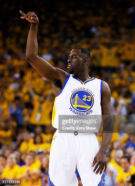 Draymond Green of the Golden State Warriors celebrates in the first quarter against the Cleveland Cavaliers during Game Five of the 2015 NBA Finals...