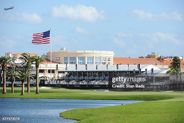 View of the 18th hole and the clubhouse during the second round of the World Golf Championships-Cadillac Championship at Blue Monster, Trump National...