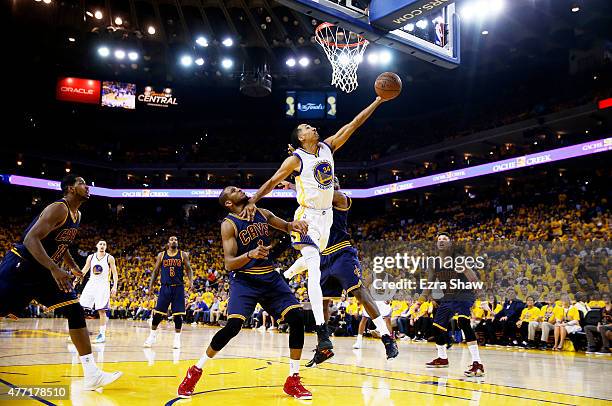 Shaun Livingston of the Golden State Warriors goes up against James Jones of the Cleveland Cavaliers in the second quarter during Game Five of the...
