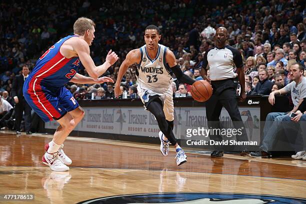 Kevin Martin of the Minnesota Timberwolves drives against the Detroit Pistons on March 7, 2014 at Target Center in Minneapolis, Minnesota. NOTE TO...