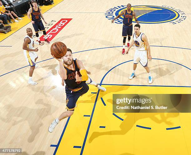 Matthew Dellavedova of the Cleveland Cavaliers goes up to shoot during Game Five of the 2015 NBA Finals on June 14, 2015 at Oracle Arena in Oakland,...