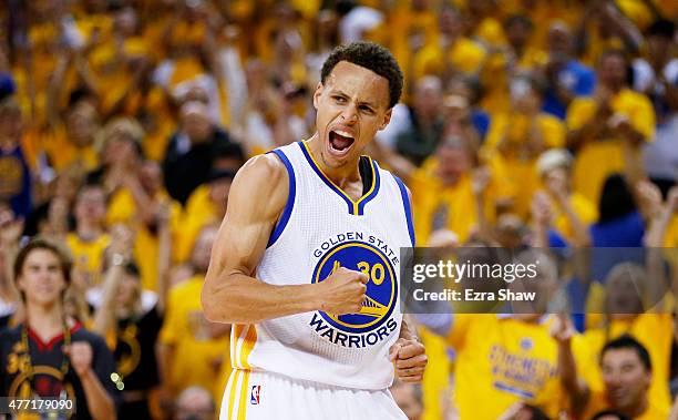 Stephen Curry of the Golden State Warriors celebrates in the second quarter against the Cleveland Cavaliers during Game Five of the 2015 NBA Finals...