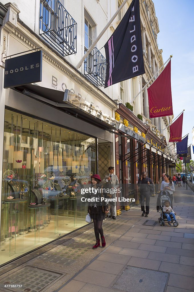 Luxury shops in Old Bond Street in London's Mayfair area...