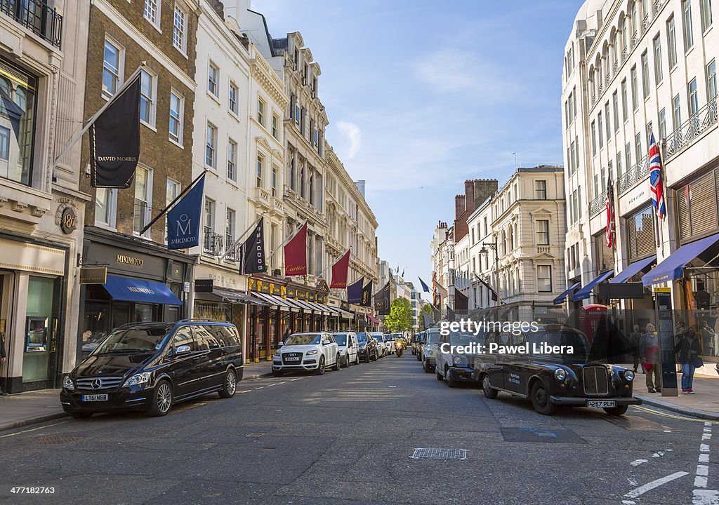Luxury shops in Old Bond Street in London's Mayfair area...