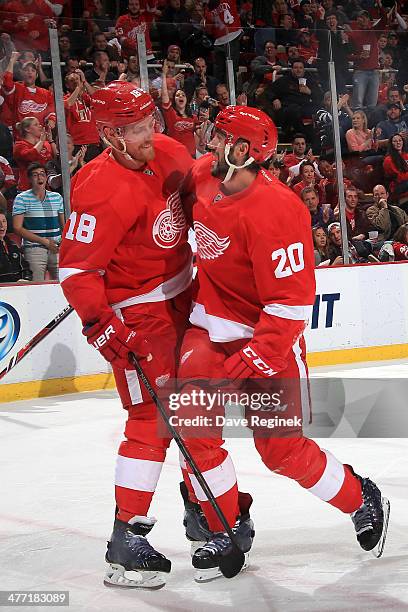 Joakim Andersson of the Detroit Red Wings congratulates Drew Miller for scoring a goal during an NHL game against the New Jersey Devils on March 7,...