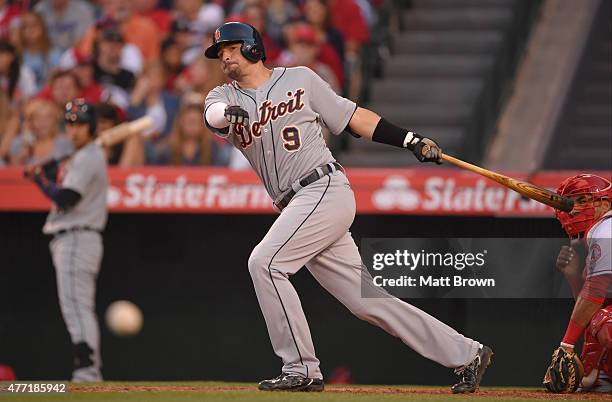 Nick Castellanos of the Detroit Tigers hits a foul ball during the second inning of the game against the Los Angeles Angels of Anaheim at Angel...