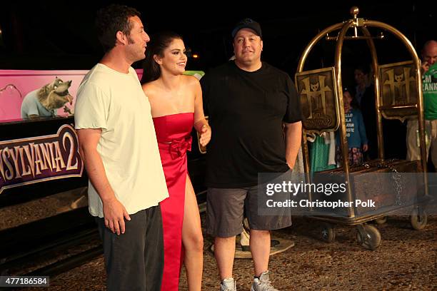 Actors Adam Sandler, Selena Gomez, and Kevin James attend the "Hotel Transylvania 2" photo call during Summer Of Sony Pictures Entertainment 2015 at...