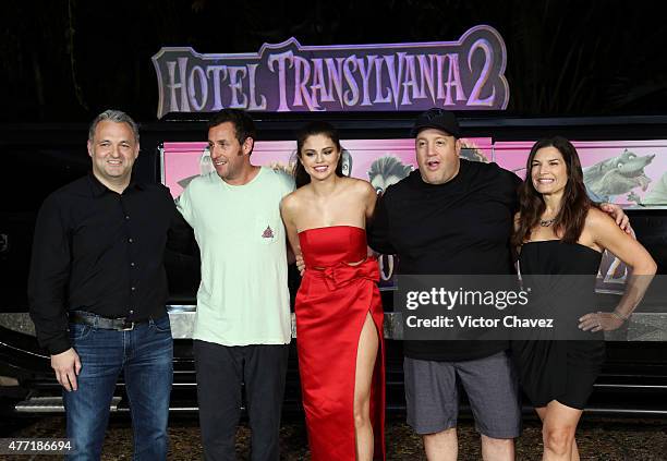 Director Genndy Tartakovsky, actors Adam Sandler, Selena Gomez, Kevin James, and Michelle Murdocca attend the "Hotel Transylvania 2" photo call...