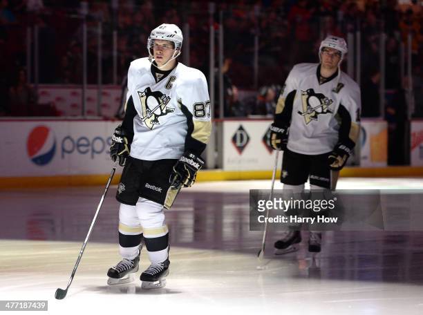 Sidney Crosby and Chris Kunitz of the Pittsburgh Penguins take to the ice before the start of the game against the Anaheim Ducks at Honda Center on...