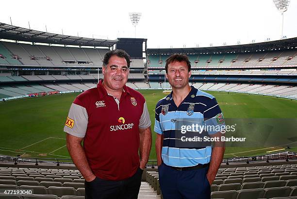 Maroons coach Mal Meninga and Blues coach Laurie Daley pose before game two of the State of Origin series between the New South Wales Blues and the...