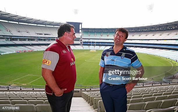 Maroons coach Mal Meninga and Blues coach Laurie Daley pose before game two of the State of Origin series between the New South Wales Blues and the...