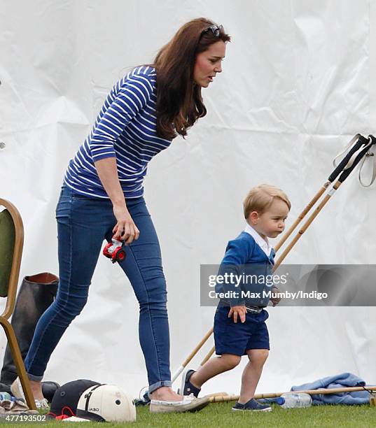 Catherine, Duchess of Cambridge and Prince George of Cambridge attend the Gigaset Charity Polo Match at the Beaufort Polo Club on June 14, 2015 in...