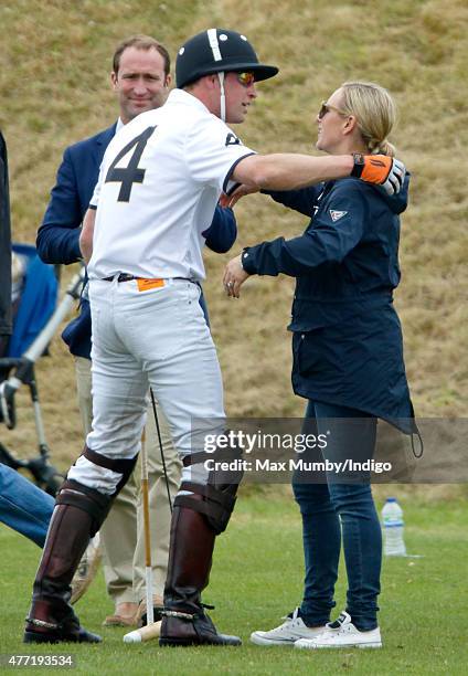 Prince William, Duke of Cambridge greets Zara Phillips as they attend the Gigaset Charity Polo Match at the Beaufort Polo Club on June 14, 2015 in...