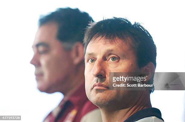 Maroons coach Mal Meninga and Blues coach Laurie Daley speak to the media before game two of the State of Origin series between the New South Wales...