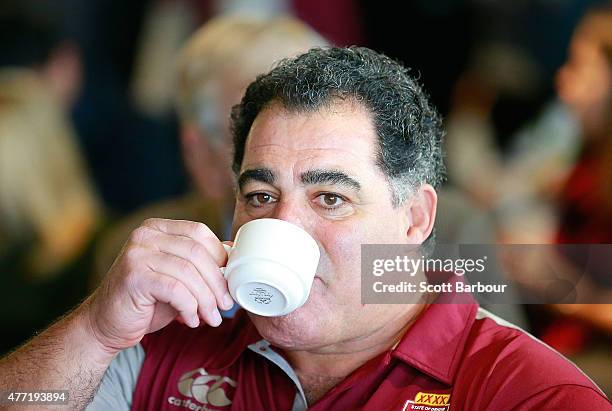 Maroons coach Mal Meninga drinks a cup of tea during a press conference before game two of the State of Origin series between the New South Wales...