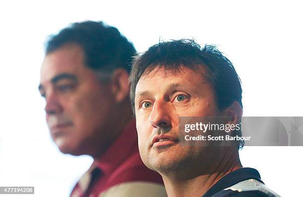 Maroons coach Mal Meninga and Blues coach Laurie Daley speak to the media before game two of the State of Origin series between the New South Wales...