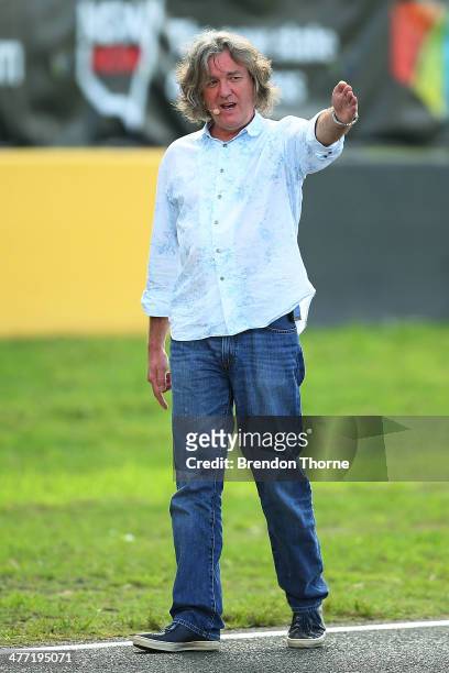 Top Gear presenter, James May gestures on track during the 2014 Top Gear Festival Sydney at Sydney Motorsport Park on March 8, 2014 in Sydney,...
