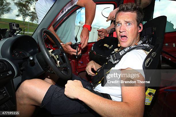 Television presenter, James Lund poses inside the Bungee Car during the 2014 Top Gear Festival Sydney at Sydney Motorsport Park on March 8, 2014 in...