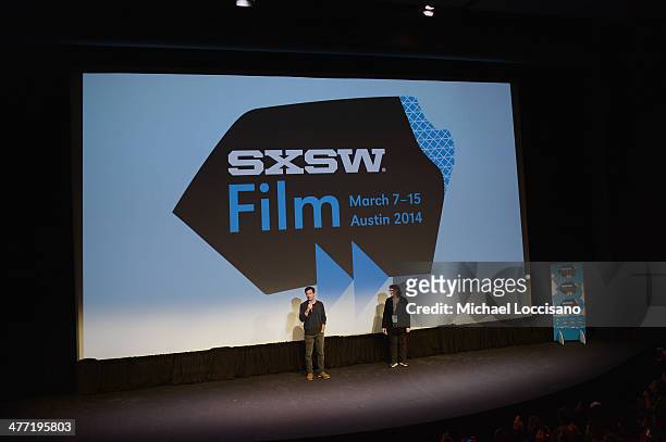 Actor/director Jason Bateman and Head of SXSW Film Janet Pierson address the audience before the "Bad Words" Premiere during the 2014 SXSW Music,...