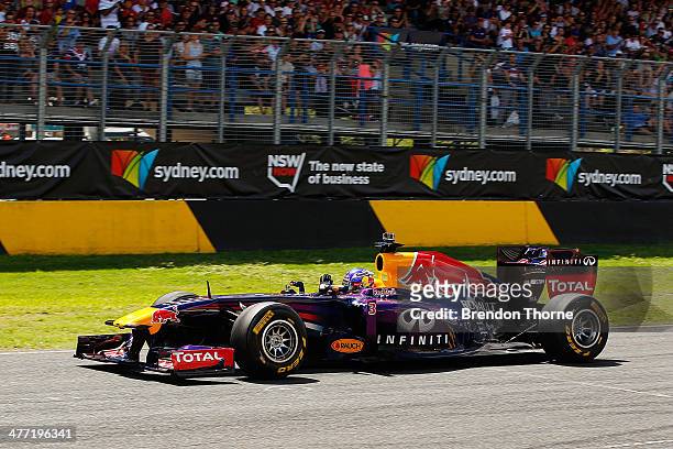 New hot lap record holder, Daniel Ricciardo of Infiniti Red Bull Racing drives at the 2014 Top Gear Festival Sydney at Sydney Motorsport Park on...