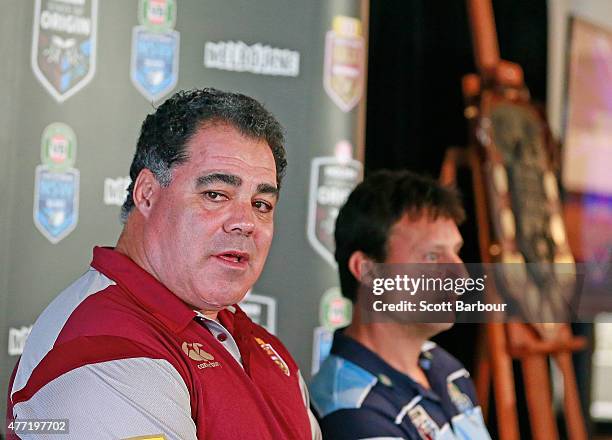 Maroons coach Mal Meninga and Blues coach Laurie Daley speak to the media before game two of the State of Origin series between the New South Wales...