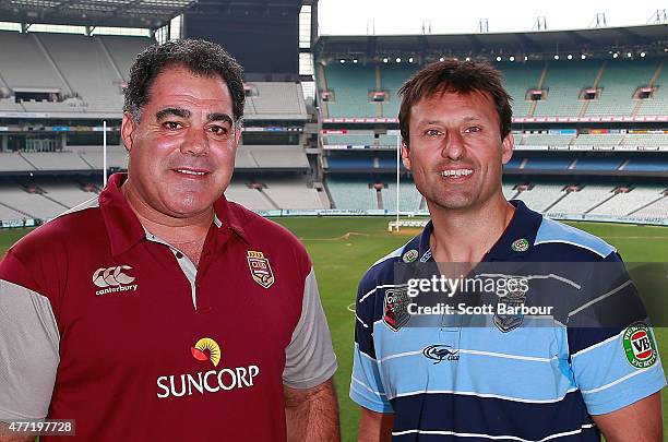 Maroons coach Mal Meninga and Blues coach Laurie Daley pose before game two of the State of Origin series between the New South Wales Blues and the...