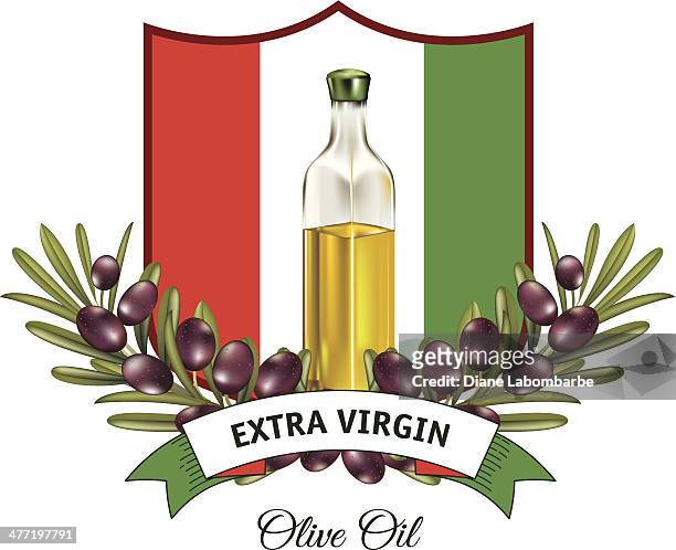 olives dekoration und banner auf den farben der italienischen flagge - speiseöl stock-grafiken, -clipart, -cartoons und -symbole