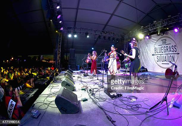Musicians perform onstage at That Tent as part of The Bluegrass Situation SuperJam during Day 4 of the 2015 Bonnaroo Music And Arts Festival on June...
