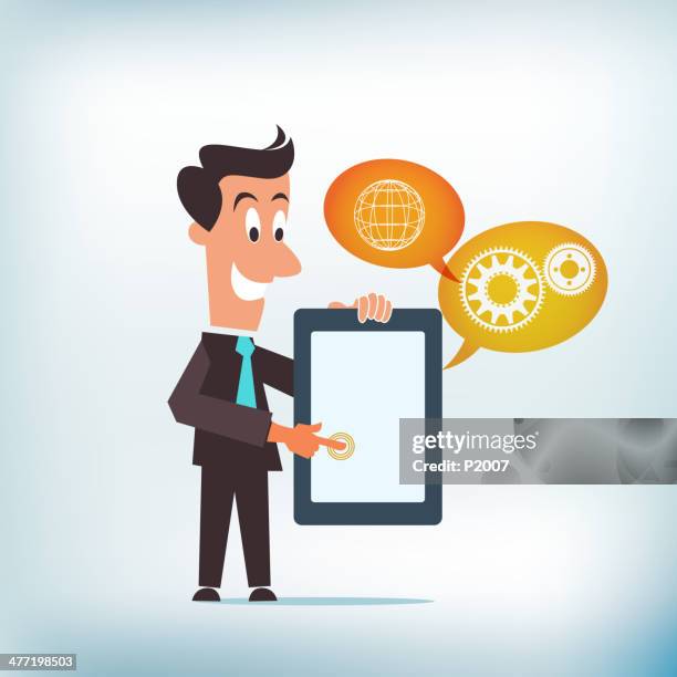online marketing strategy - man thinking at computer stock illustrations