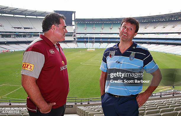 Maroons coach Mal Meninga and Blues coach Laurie Daley pose before game two of the State of Origin series between the New South Wales Blues and the...