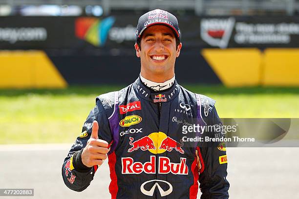 New hot lap record holder, Daniel Ricciardo of Infiniti Red Bull Racing poses at the 2014 Top Gear Festival Sydney at Sydney Motorsport Park on March...