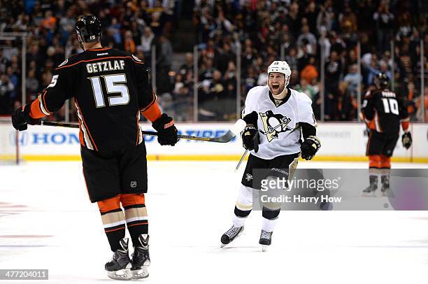 Tanner Glass of the Pittsburgh Penguins reacts after a Ryan Getzlaf of the Anaheim Ducks miss resulting in a 3-2 win in overtime shootout at Honda...
