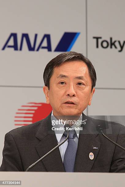 President and CEO of All Nippon Airways Co., Ltd. Osamu Shinobe speaks during the news conference at the Imperial Hotel on June 15, 2015 in Tokyo,...