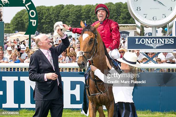 Trainer John Gosden, jockey Frankie Dettori and wife Catherine Dettori win the 'Prix de Diane 2015' at Hippodrome de Chantilly on June 14, 2015 in...