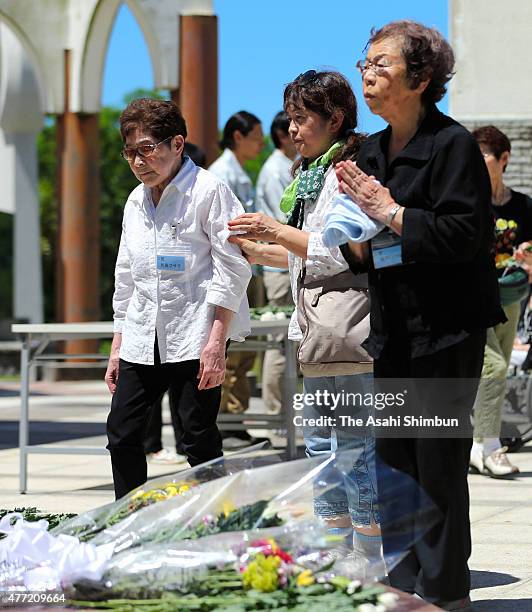 Former residents of Iwojima pay tribute to those killed during the Pacific War at a memorial ceremony on June 14, 2015 in Ogasawara, Tokyo, Japan....