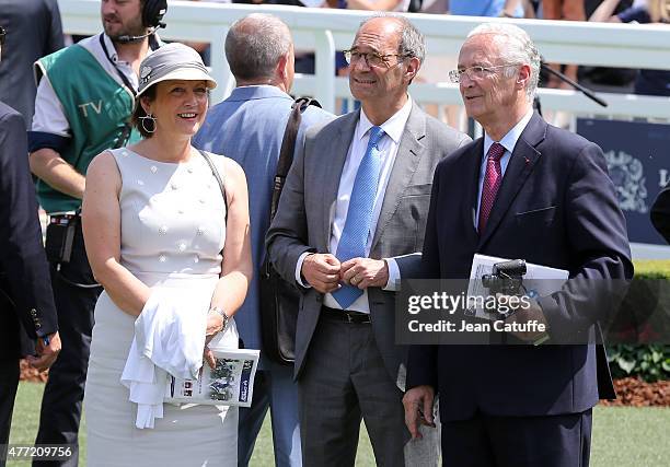 Mayor of Chantilly Eric Woerth and his wife Florence Woerth attend the 'Prix de Diane Longines 2015' at Hippodrome de Chantilly on June 14, 2015 in...