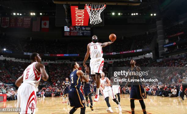 James Harden of the Houston Rockets goes up for the dunk against the Indiana Pacers on March 7, 2014 at the Toyota Center in Houston, Texas. NOTE TO...